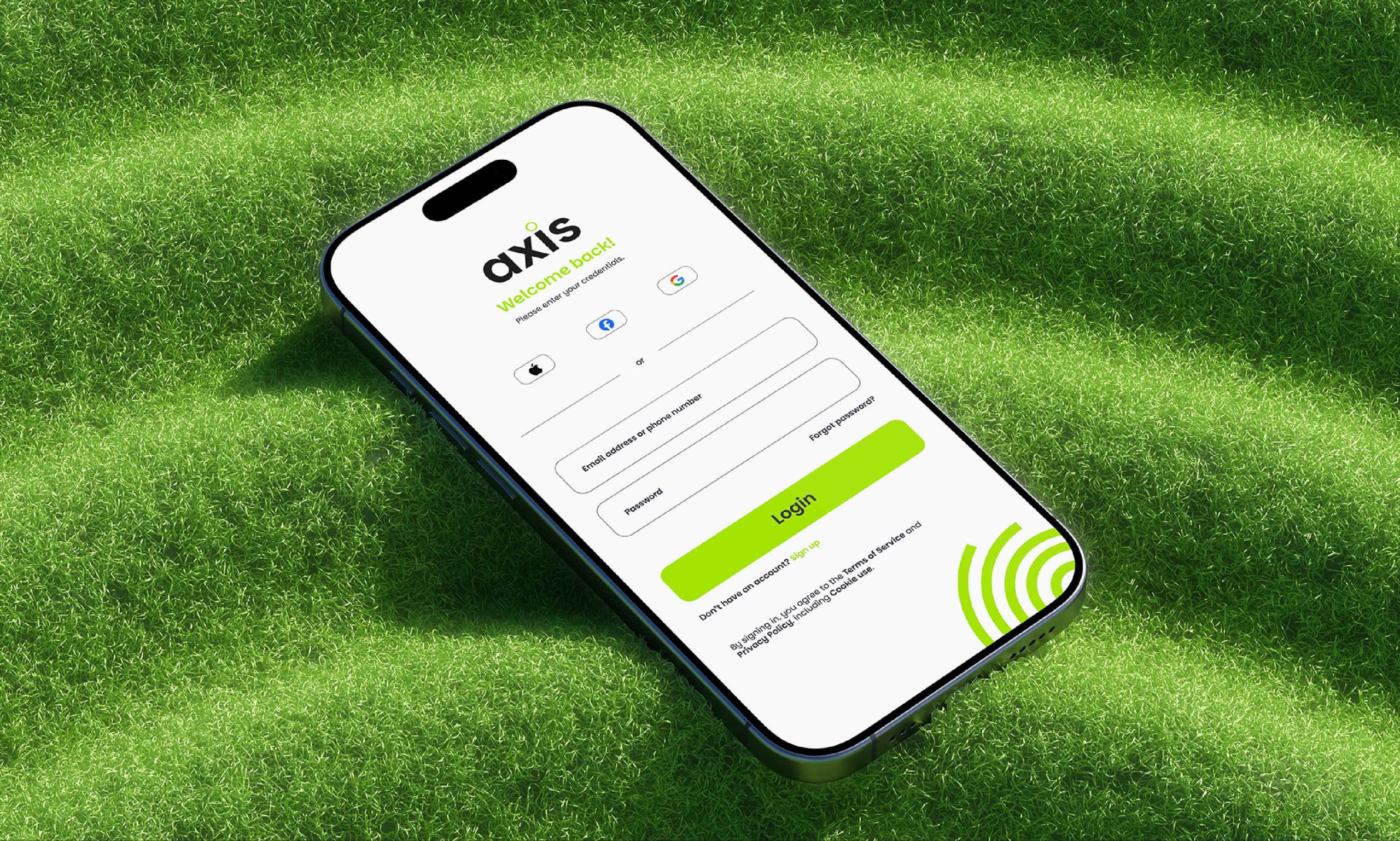 Axis mobile app login screen on green grass