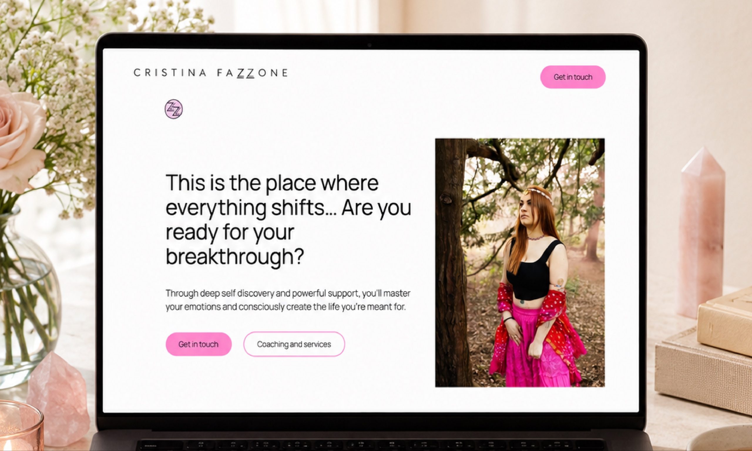 Cristina Fazzone homepage with background assets including flowers and books