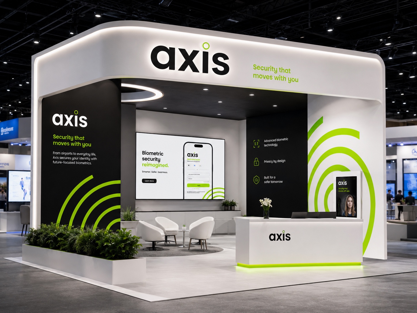 Axis stand fully branded at an event in a large hall with other stands around it.