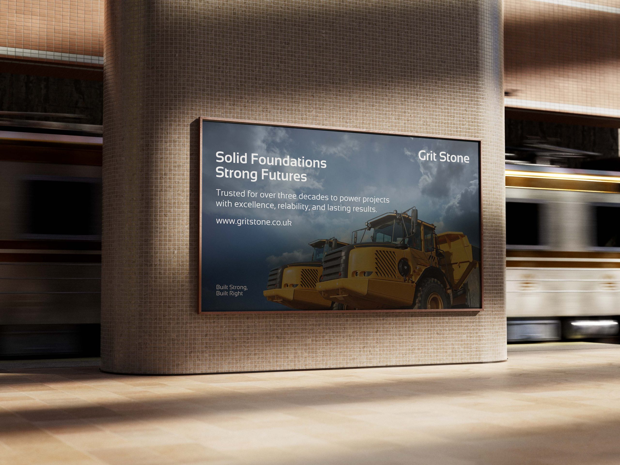 A Grit Stone billboard advertisement on the underground of a train station.
