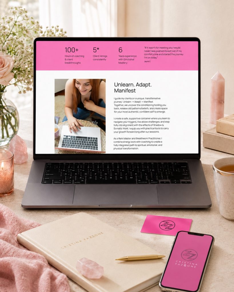 Cristina Fazzone introduction webpage section on a MacBook with branded items on the table