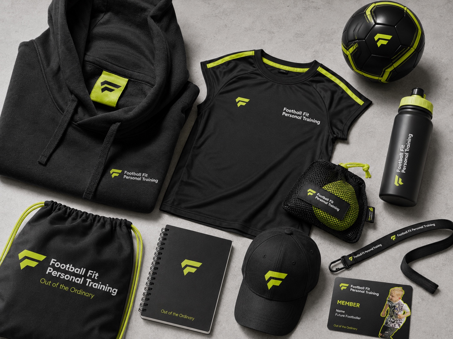 Branded Football Fit Personal Training merchandise including a football, hoodies, bag, notebook, hat, member badge, and water bottle.