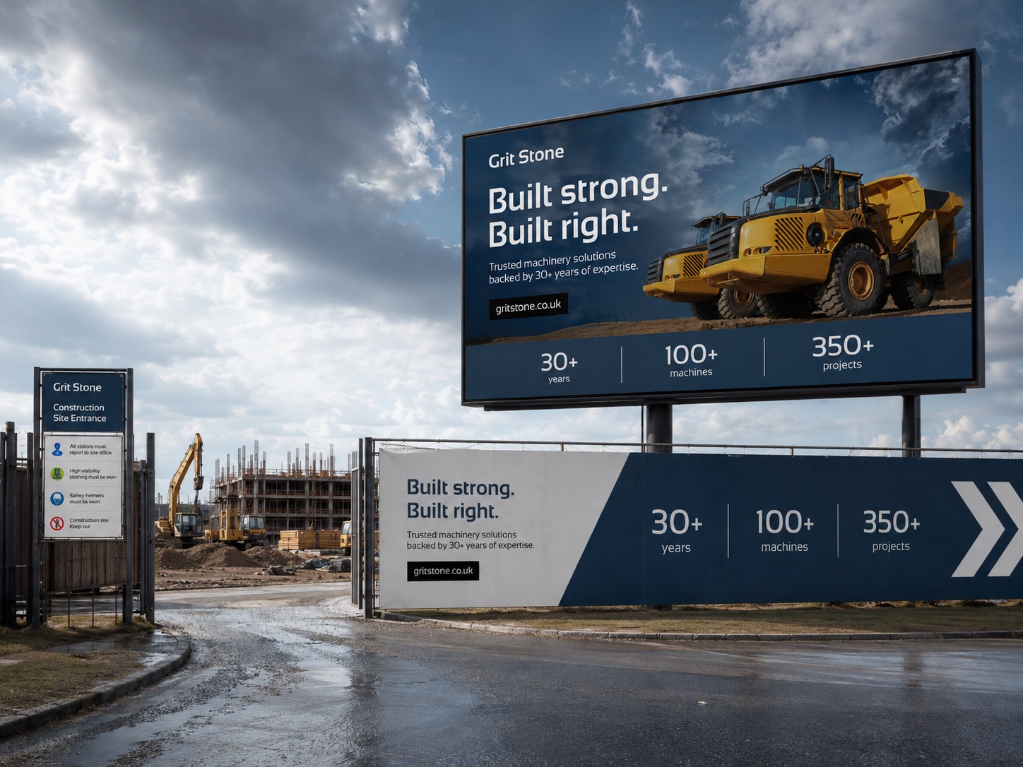 A Grit Stone site entrance showing a billboard, and signs on the side of the entrance gate with Grit Stone statistics.